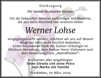 Traueranzeige von Werner Lohse von Mitteldeutsche Zeitung Merseburg/Querfurt