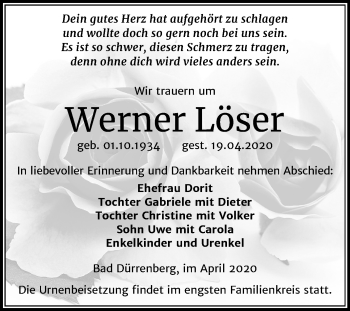 Traueranzeige von Werner Löser von Super Sonntag Merseburg/Querfurt