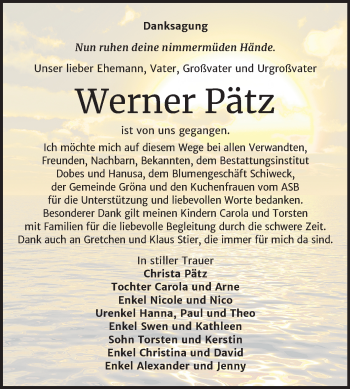 Traueranzeige von Werner Pätz von Super Sonntag Bernburg
