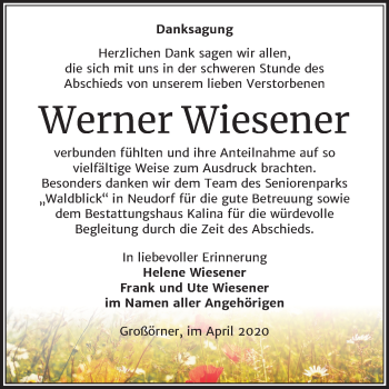 Traueranzeige von Werner Wiesener von Super Sonntag Mansfelder Land