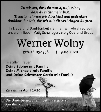 Traueranzeige von Werner Wolny von Super Sonntag Wittenberg