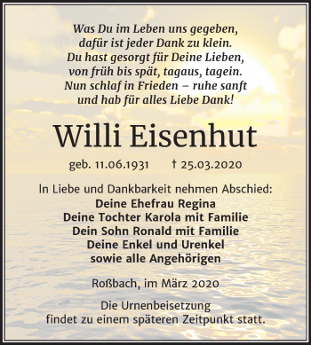 Traueranzeige von Willi Eisenhut von Super Sonntag Merseburg/Querfurt