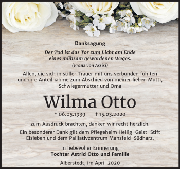 Traueranzeige von Wilma Otto von Super Sonntag Merseburg/Querfurt / Mansfelder Land