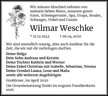 Traueranzeige von Wilmar Weschke von Super Sonntag Mansfelder Land