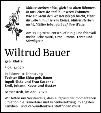 Traueranzeige von Wiltrud Bauer von Mitteldeutsche Zeitung Halle/Saalkreis