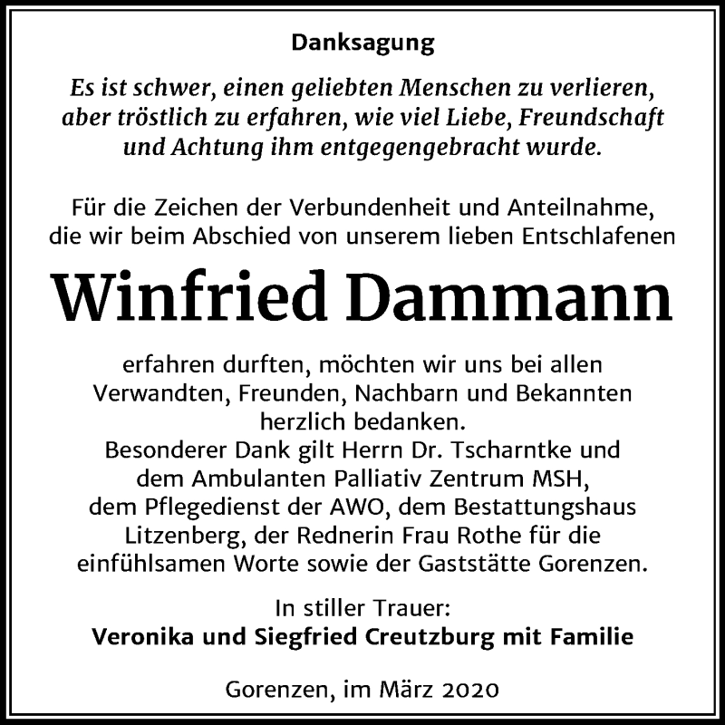  Traueranzeige für Winfried Dammann vom 04.04.2020 aus Super Sonntag Mansfelder Land