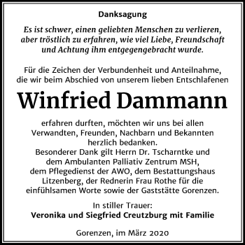 Traueranzeige von Winfried Dammann von Super Sonntag Mansfelder Land
