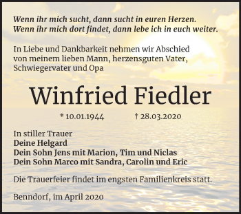 Traueranzeige von Winfried Fiedler von Mitteldeutsche Zeitung Mansfelder Land