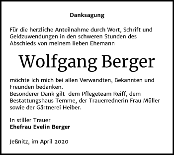 Traueranzeige von Wolfgang Berger von Mitteldeutsche Zeitung Bitterfeld