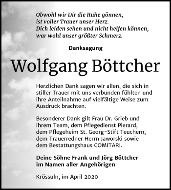 Traueranzeige von Wolfgang Böttcher von Mitteldeutsche Zeitung Weißenfels