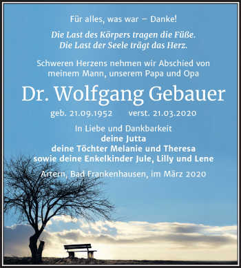 Traueranzeige von Wolfgang Gebauer von Mitteldeutsche Zeitung Sangerhausen