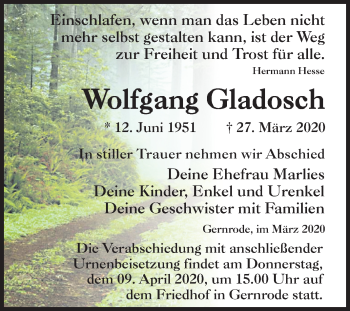 Traueranzeige von Wolfgang Gladosch von Super Sonntag Quedlinburg