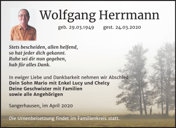 Traueranzeige von Wolfgang Herrmann von Super Sonntag Sangerhausen