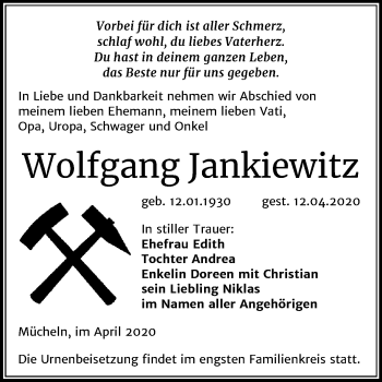 Traueranzeige von Wolfgang Jankiewitz von Mitteldeutsche Zeitung Merseburg/Querfurt
