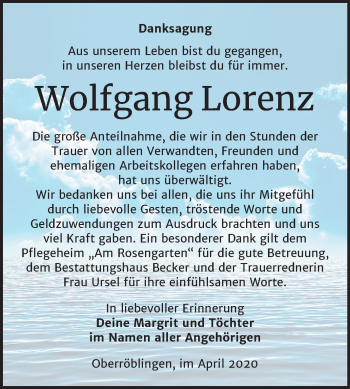 Traueranzeige von Wolfgang Lorenz von Mitteldeutsche Zeitung Sangerhausen