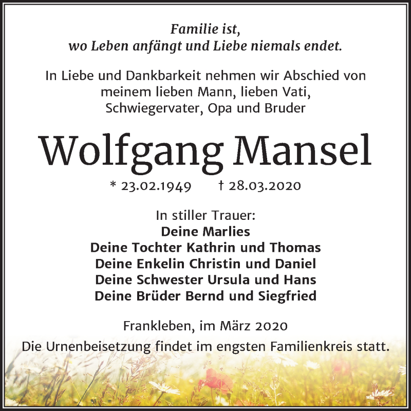  Traueranzeige für Wolfgang Mansel vom 04.04.2020 aus Super Sonntag Merseburg/Querfurt