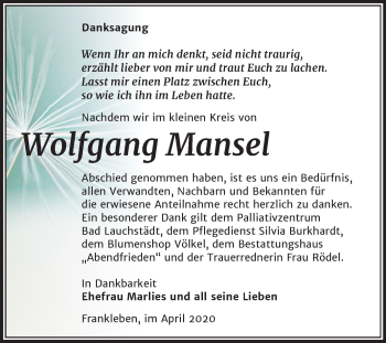 Traueranzeige von Wolfgang Mansel von Mitteldeutsche Zeitung Merseburg/Querfurt