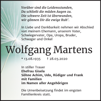 Traueranzeige von Wolfgang Martens von Mitteldeutsche Zeitung Bernburg