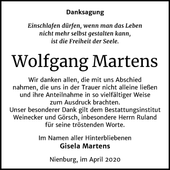 Traueranzeige von Wolfgang Martens von Mitteldeutsche Zeitung Bernburg