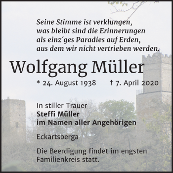 Traueranzeige von Wolfgang Müller von Mitteldeutsche Zeitung Naumburg/Nebra