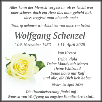 Traueranzeige von Wolfgang Schenzel von Super Sonntag Aschersleben / Quedlinburg