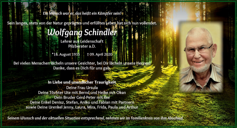  Traueranzeige für Wolfgang Schindler vom 18.04.2020 aus Super Sonntag Zeitz