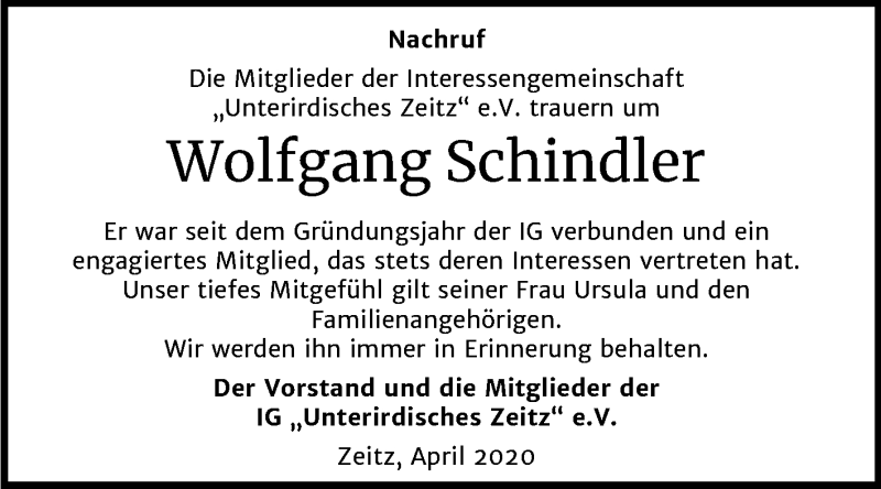  Traueranzeige für Wolfgang Schindler vom 18.04.2020 aus Super Sonntag Zeitz