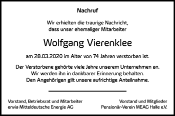 Traueranzeige von Wolfgang Vierenklee von Super Sonntag Dessau-Roßlau