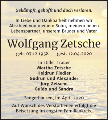 Traueranzeige von Wolfgang Zetsche von Super Sonntag Sangerhausen