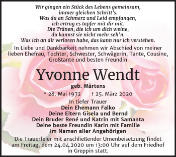Traueranzeige von Yvonne Wendt von Mitteldeutsche Zeitung Bitterfeld