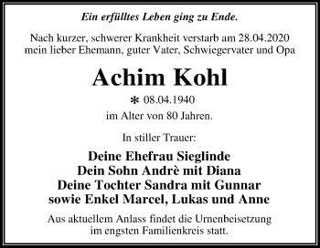Traueranzeige von Achim Kohl von Super Sonntag Wittenberg