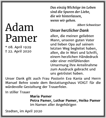 Traueranzeige von Adam Pamer von Mitteldeutsche Zeitung Mansfelder Land