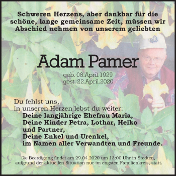 Traueranzeige von Adam Pamer von Super Sonntag Mansfelder Land