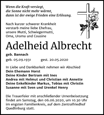 Traueranzeige von Adelheid Albrecht von Super Sonntag Quedlinburg