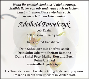 Traueranzeige von Adelheid Pawelczyk von Mitteldeutsche Zeitung Bitterfeld