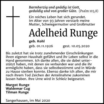 Traueranzeige von Adelheid Runge von Super Sonntag Sangerhausen