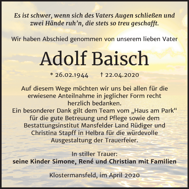  Traueranzeige für Adolf Baisch vom 09.05.2020 aus Super Sonntag Mansfelder Land