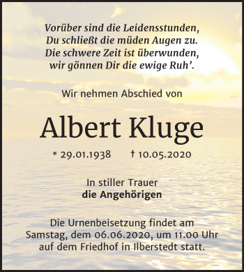 Traueranzeige von Albert Kluge von Super Sonntag Bernburg