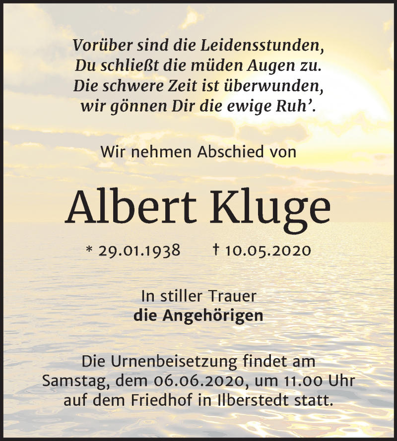  Traueranzeige für Albert Kluge vom 16.05.2020 aus Mitteldeutsche Zeitung Bernburg