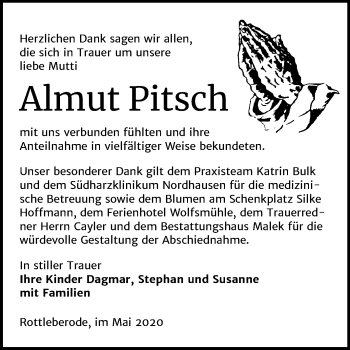 Traueranzeige von Almut Pitsch von Mitteldeutsche Zeitung Sangerhausen
