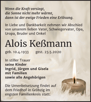 Traueranzeige von Alois Keßmann von Mitteldeutsche Zeitung Köthen