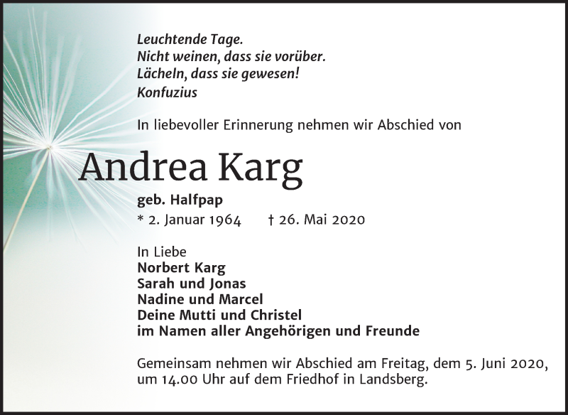 Traueranzeige für Andrea Karg vom 30.05.2020 aus Mitteldeutsche Zeitung Halle/Saalkreis