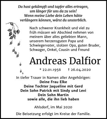Traueranzeige von Andreas Dalfior von Mitteldeutsche Zeitung Mansfelder Land