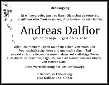 Traueranzeige von Andreas Dalfior von Mitteldeutsche Zeitung Mansfelder Land