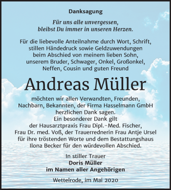 Traueranzeige von Andreas Müller von Mitteldeutsche Zeitung Sangerhausen