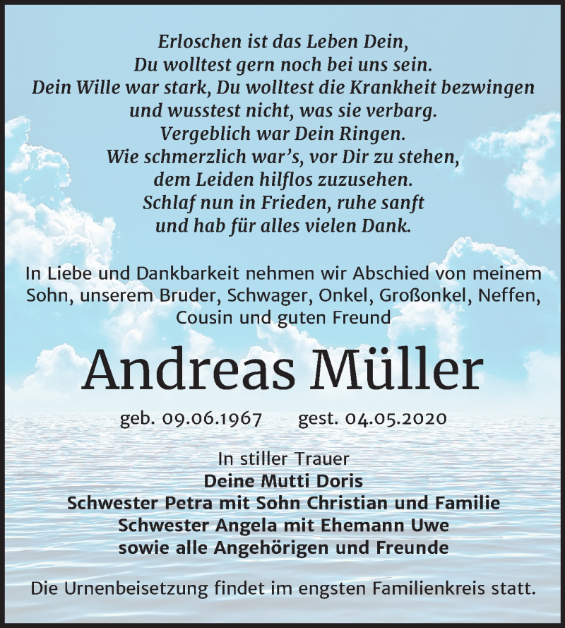  Traueranzeige für Andreas Müller vom 09.05.2020 aus Mitteldeutsche Zeitung Sangerhausen