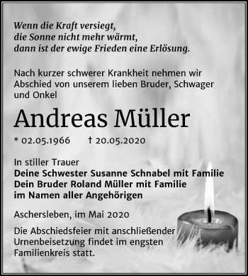 Traueranzeige von Andreas Müller von Super Sonntag Aschersleben