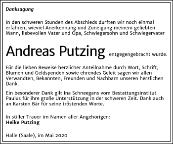 Traueranzeige von Andreas Putzing von Mitteldeutsche Zeitung Halle/Saalkreis