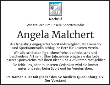 Traueranzeige von Angela Malchert von Super Sonntag Quedlinburg