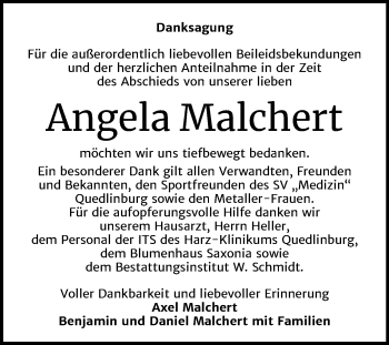 Traueranzeige von Angela Malchert von Super Sonntag Quedlinburg